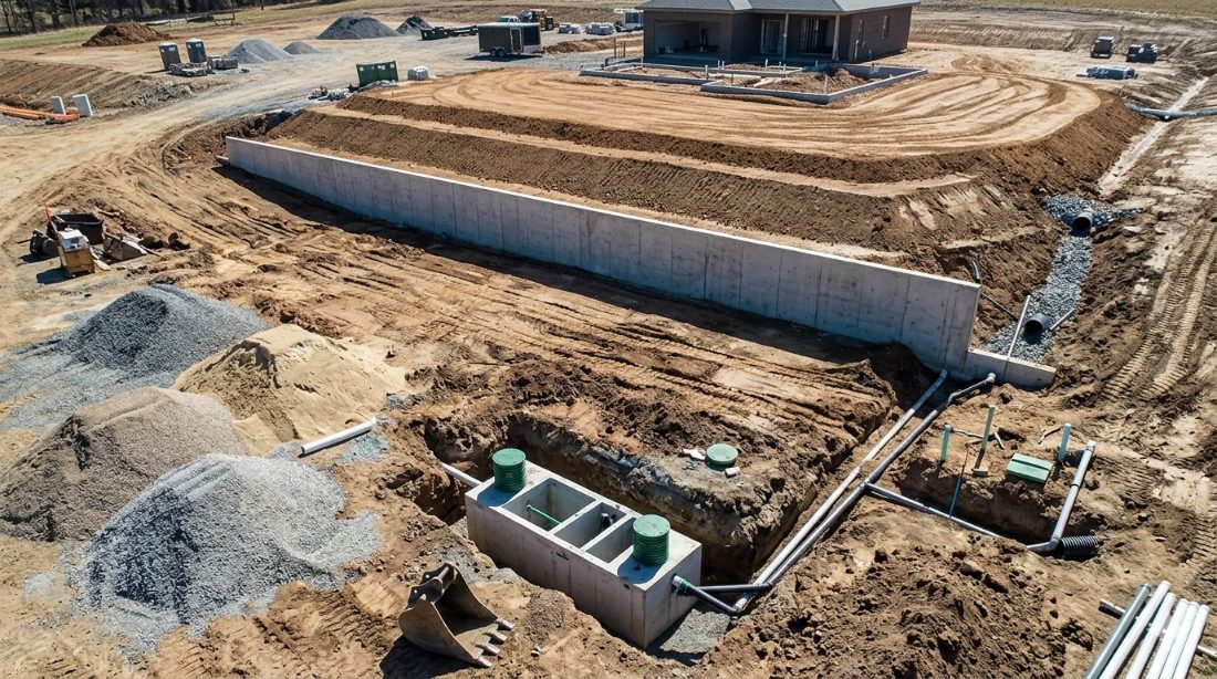 Site work — retaining wall, grading, and septic installation
